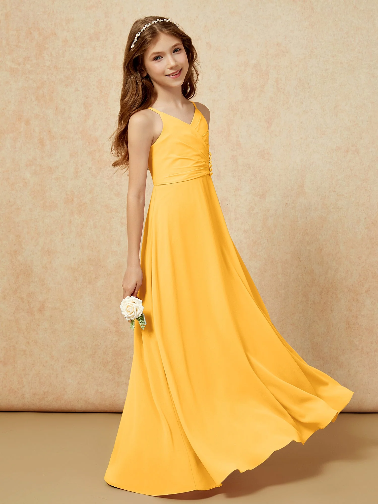 V-Ausschnitt Plissee Chiffon Lang Junge Brautjungfernkleider Mandarine - Image 3