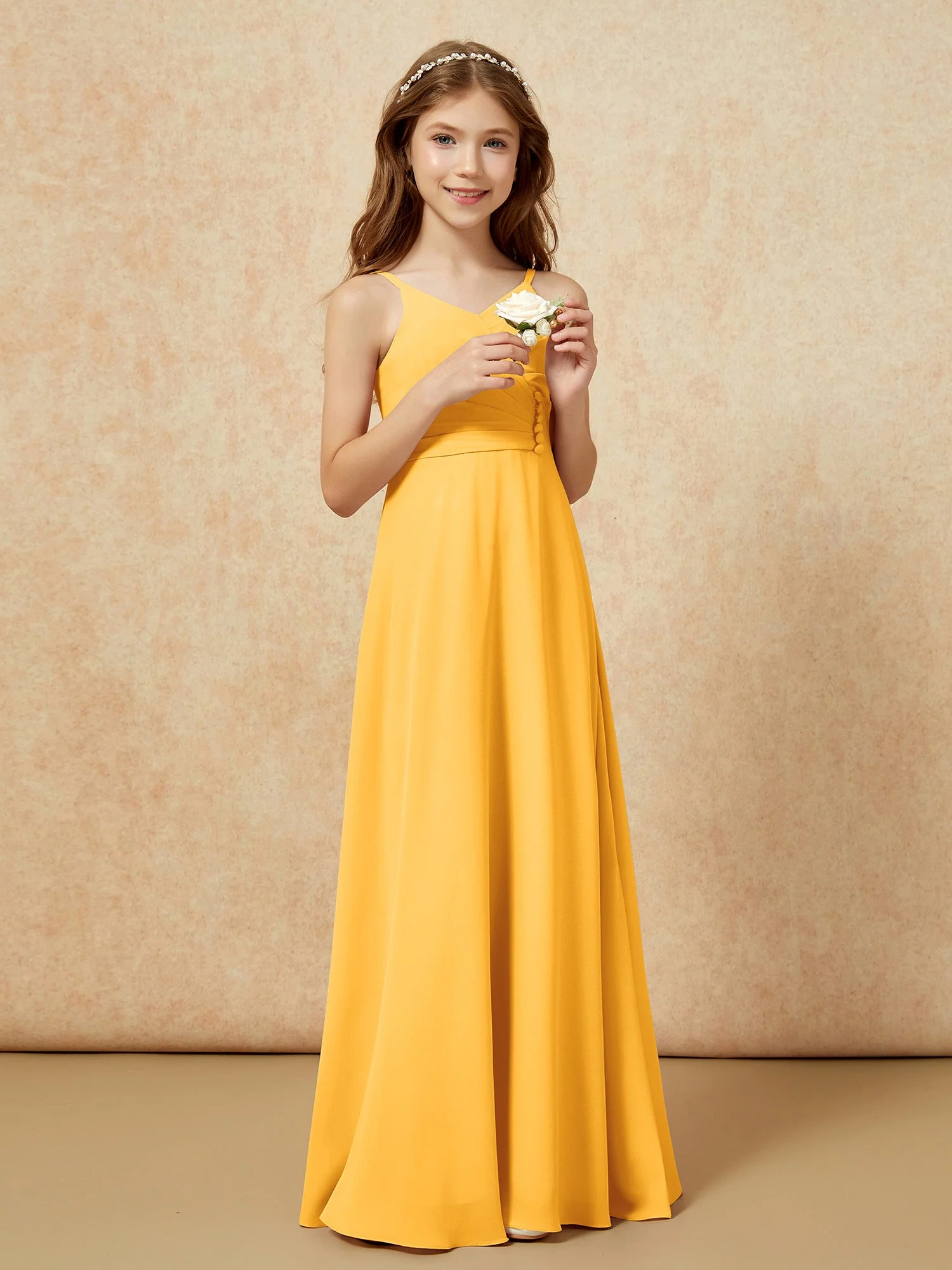 V-Ausschnitt Plissee Chiffon Lang Junge Brautjungfernkleider Mandarine - Image 4