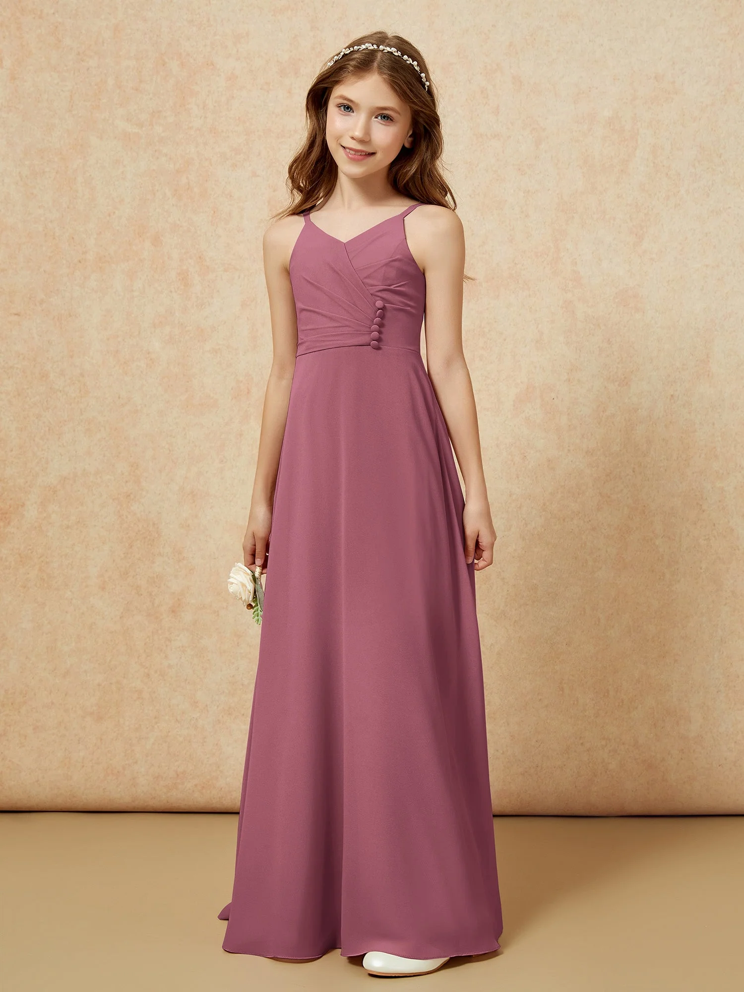 V-Ausschnitt Plissee Chiffon Lang Junge Brautjungfernkleider Maulbeere