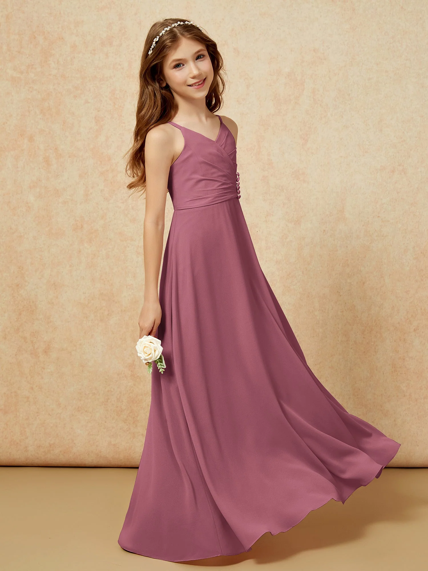 V-Ausschnitt Plissee Chiffon Lang Junge Brautjungfernkleider Maulbeere - Image 3