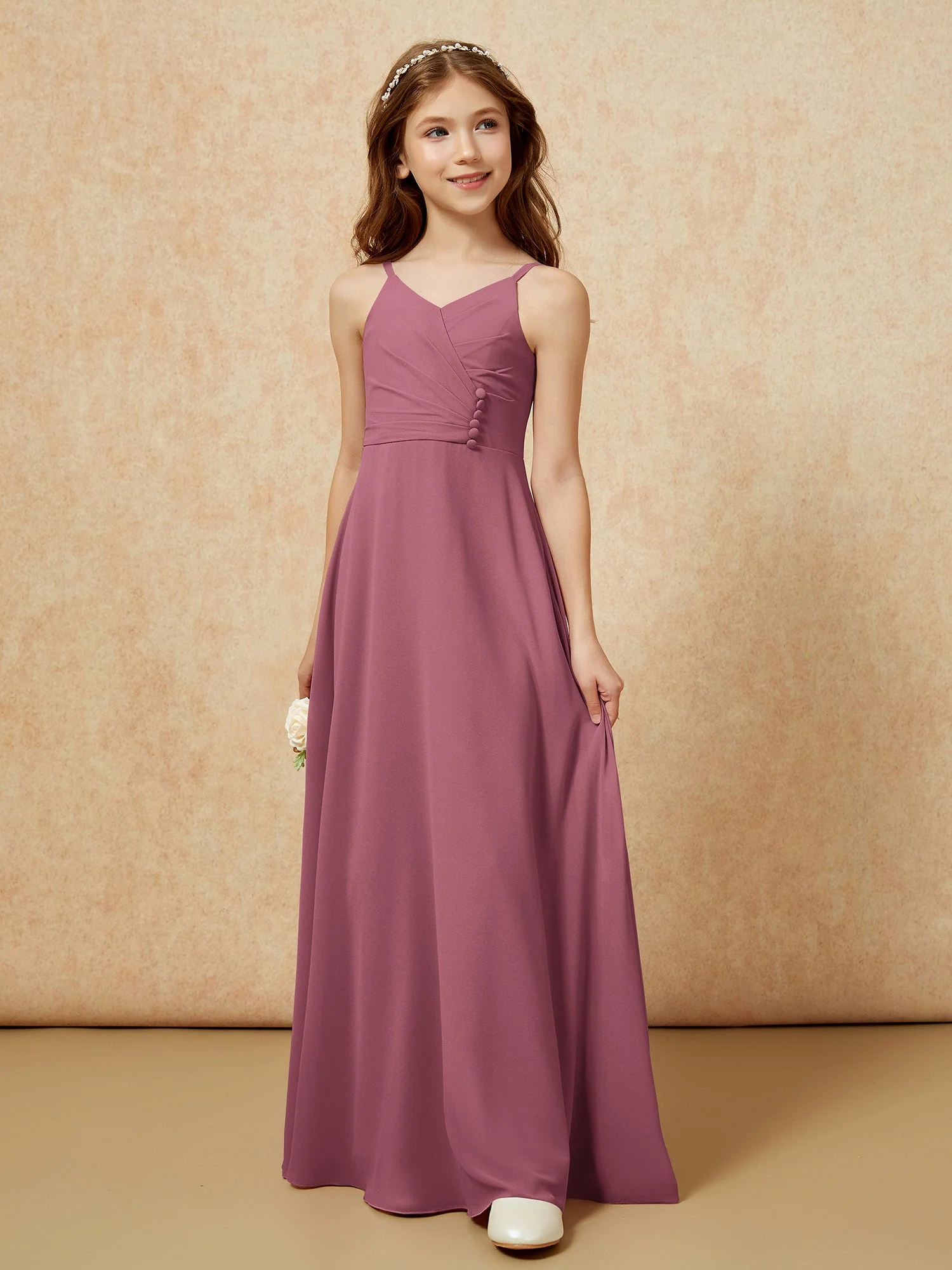V-Ausschnitt Plissee Chiffon Lang Junge Brautjungfernkleider Maulbeere - Image 5