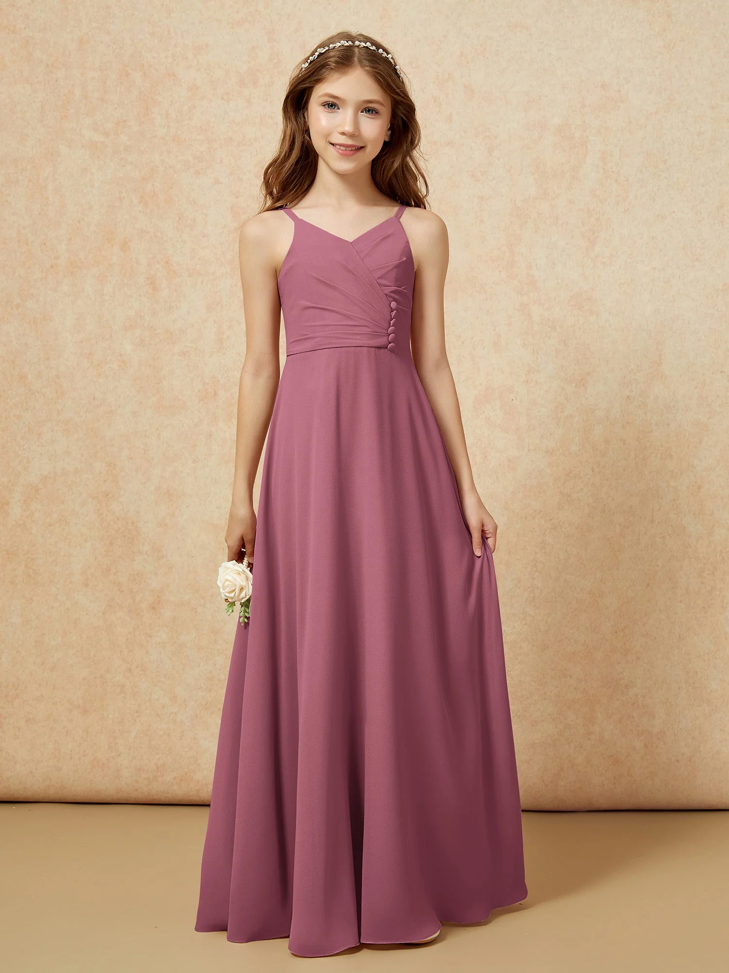 V-Ausschnitt Plissee Chiffon Lang Junge Brautjungfernkleider Maulbeere - Image 6