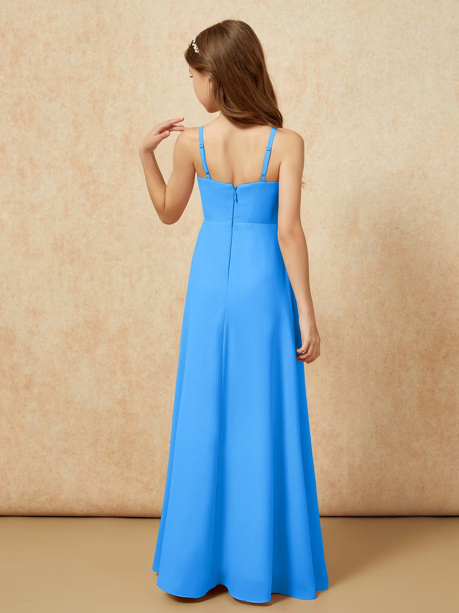 V-Ausschnitt Plissee Chiffon Lang Junge Brautjungfernkleider Meerblau - Image 2