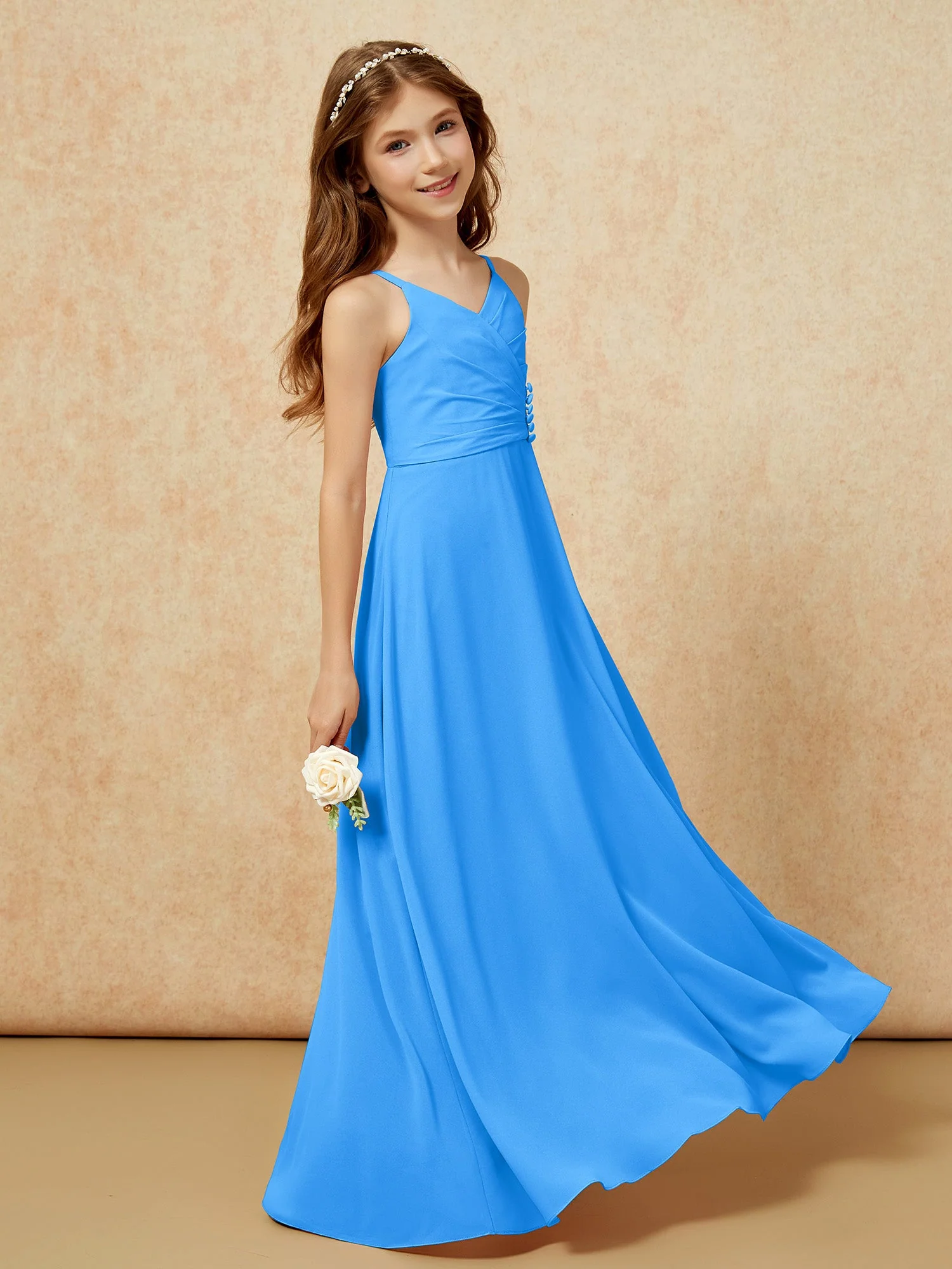 V-Ausschnitt Plissee Chiffon Lang Junge Brautjungfernkleider Meerblau - Image 3