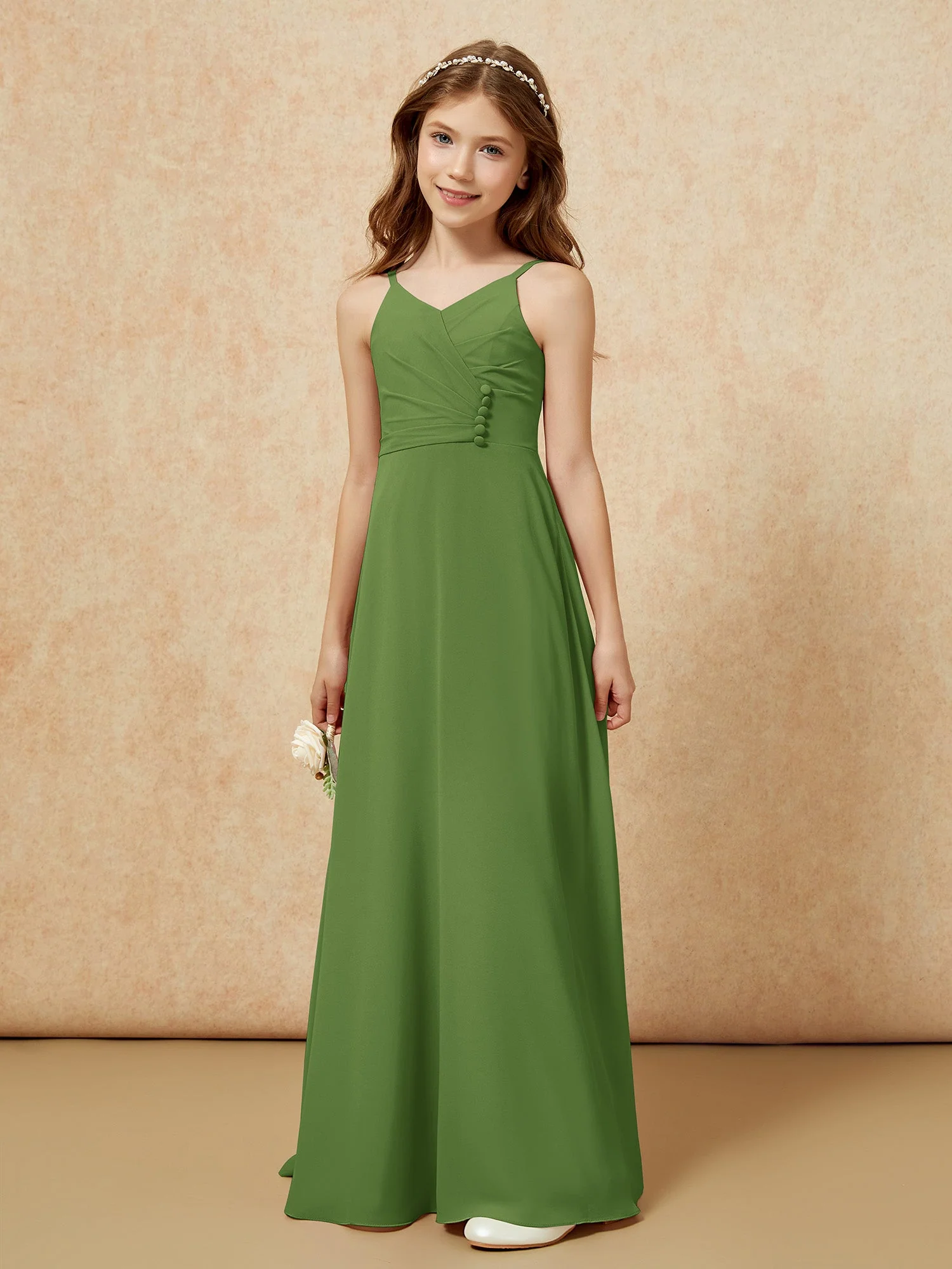 V-Ausschnitt Plissee Chiffon Lang Junge Brautjungfernkleider Moos