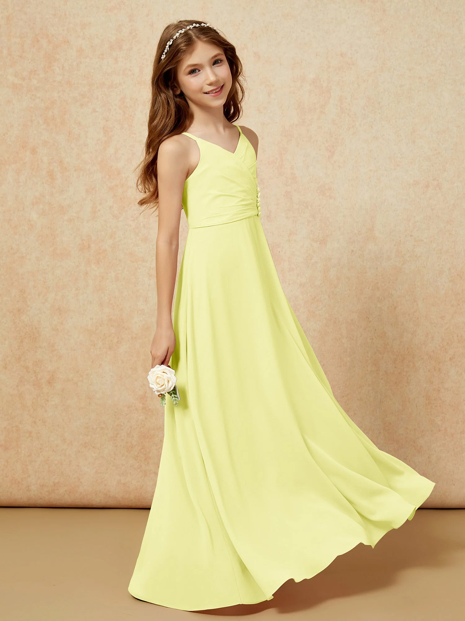 V-Ausschnitt Plissee Chiffon Lang Junge Brautjungfernkleider Narzisse - Image 3
