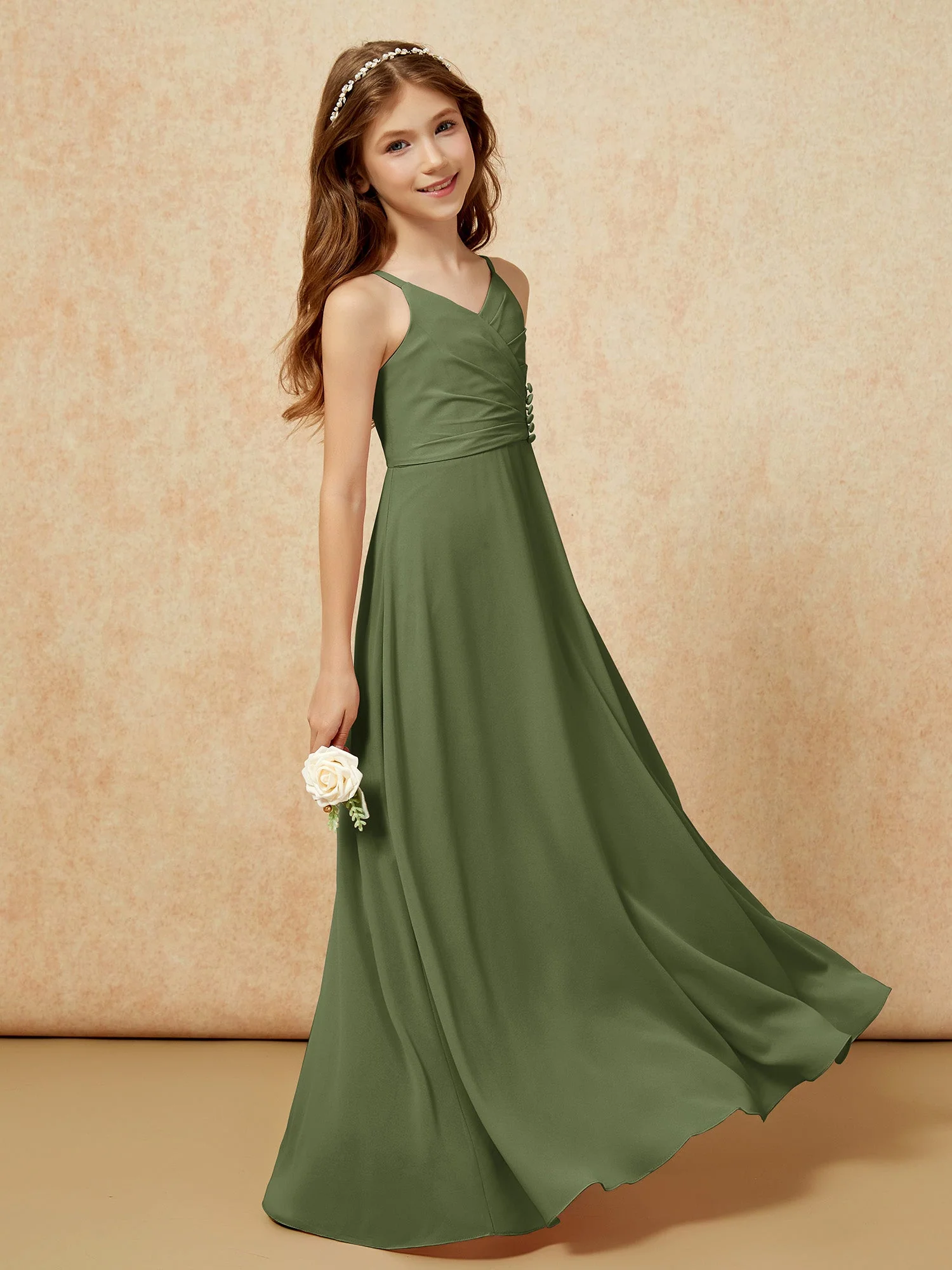 V-Ausschnitt Plissee Chiffon Lang Junge Brautjungfernkleider Olivgrün - Image 3