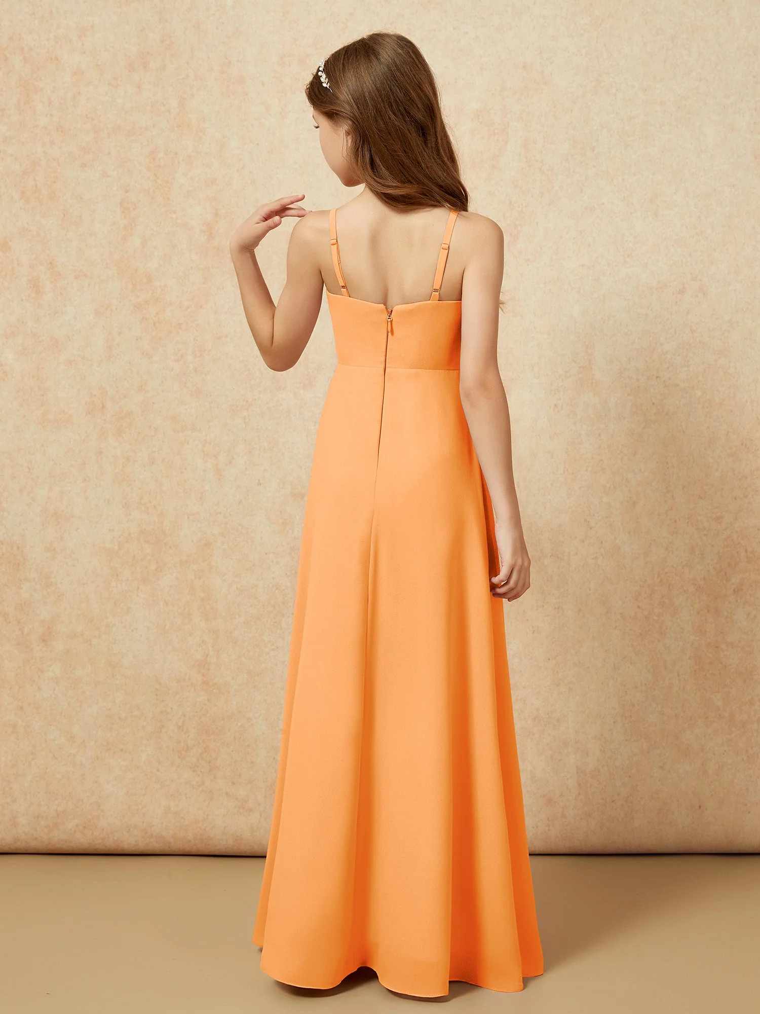 V-Ausschnitt Plissee Chiffon Lang Junge Brautjungfernkleider Orange - Image 2
