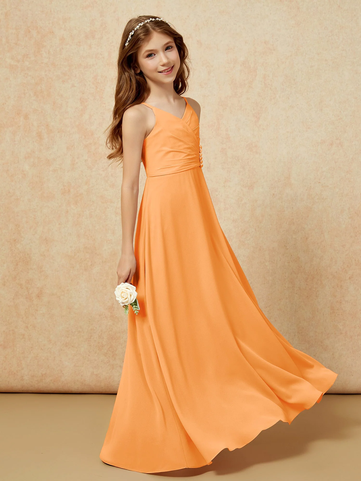 V-Ausschnitt Plissee Chiffon Lang Junge Brautjungfernkleider Orange - Image 3