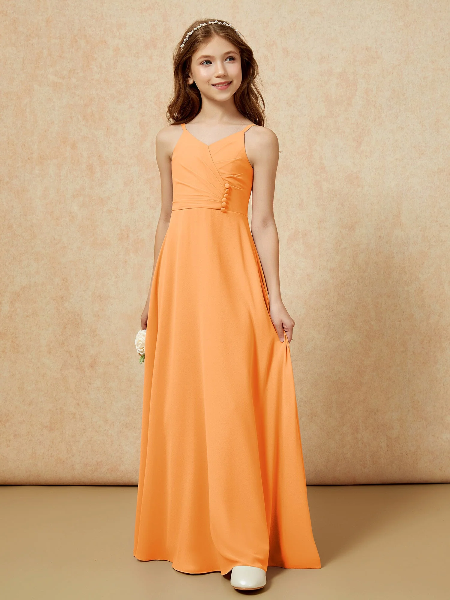 V-Ausschnitt Plissee Chiffon Lang Junge Brautjungfernkleider Orange - Image 5