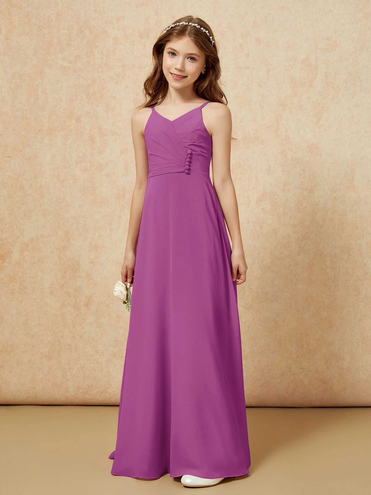 V-Ausschnitt Plissee Chiffon Lang Junge Brautjungfernkleider Orchidee