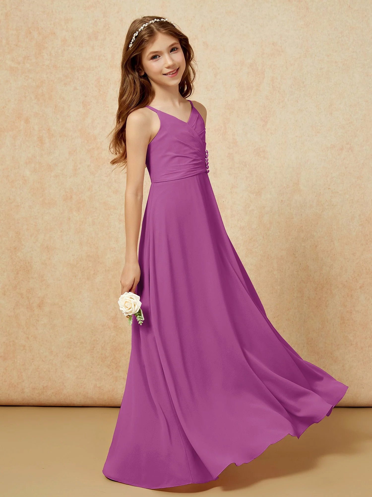 V-Ausschnitt Plissee Chiffon Lang Junge Brautjungfernkleider Orchidee - Image 3