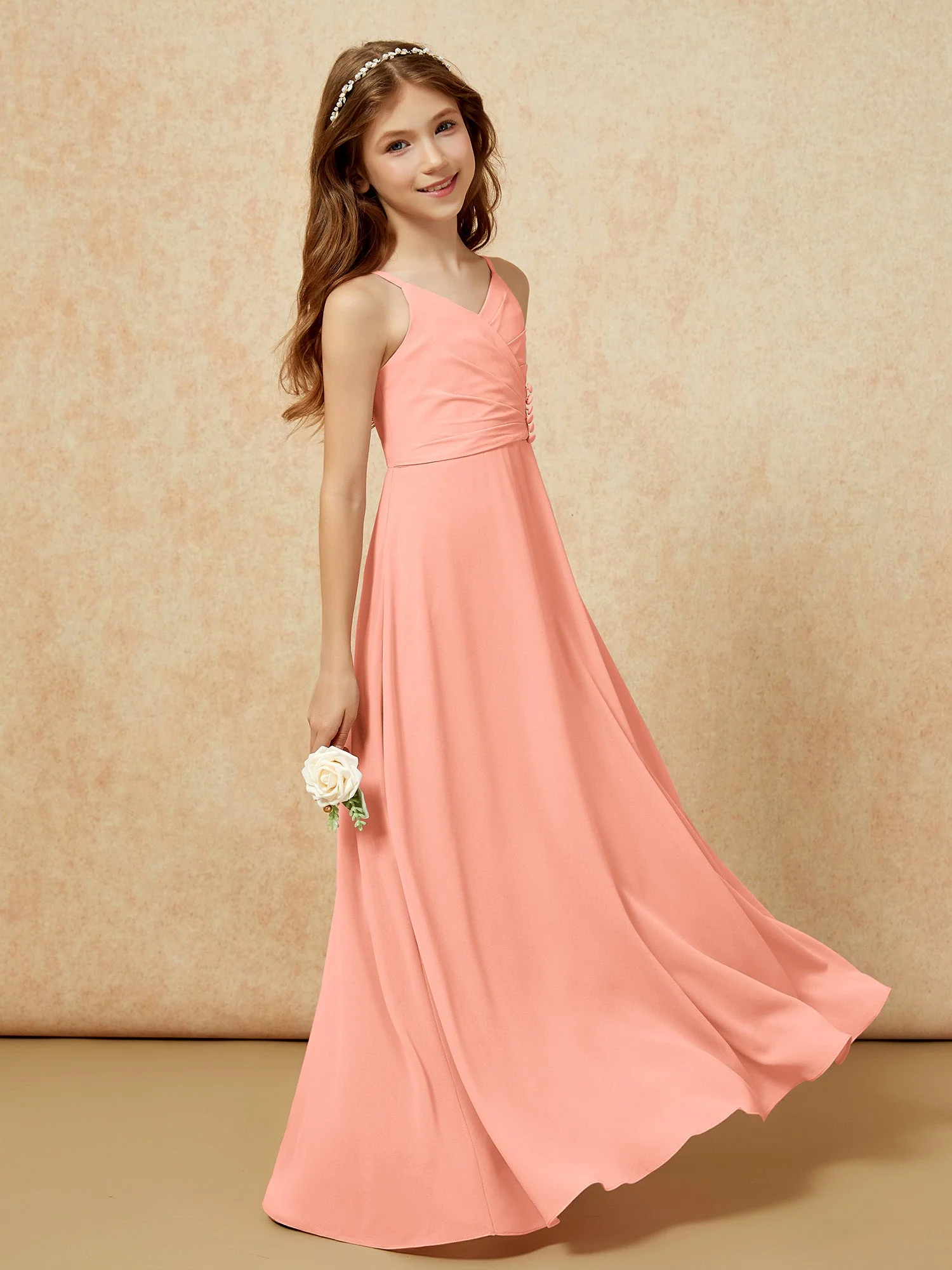 V-Ausschnitt Plissee Chiffon Lang Junge Brautjungfernkleider Papaya - Image 3
