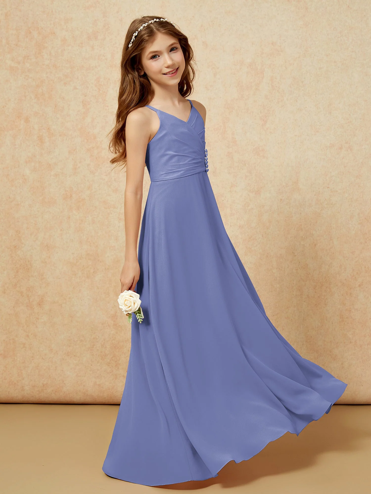 V-Ausschnitt Plissee Chiffon Lang Junge Brautjungfernkleider Periwinkleblau - Image 3