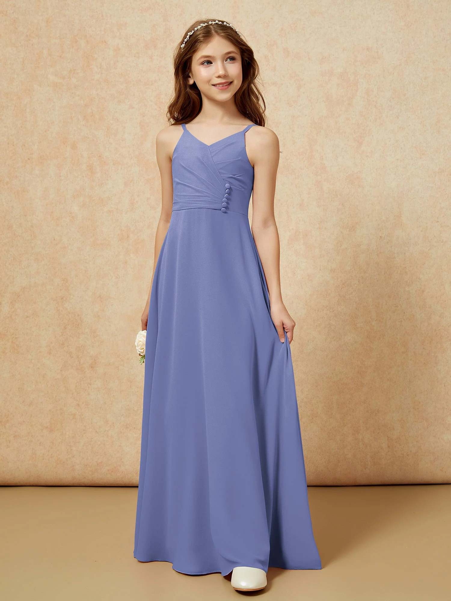 V-Ausschnitt Plissee Chiffon Lang Junge Brautjungfernkleider Periwinkleblau - Image 5