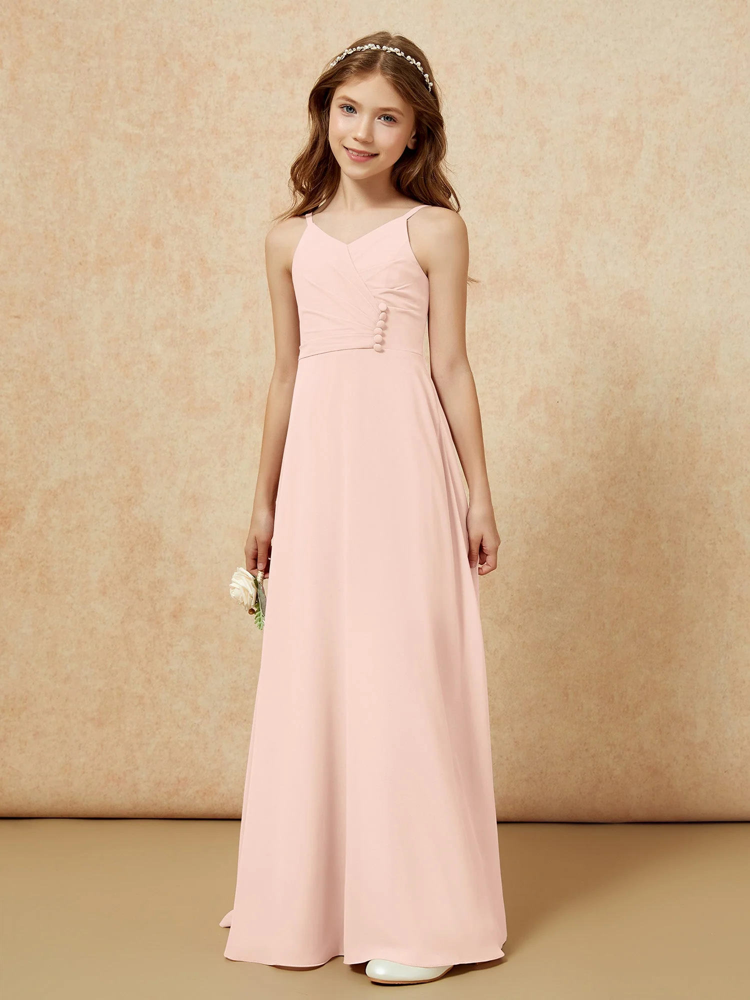 V-Ausschnitt Plissee Chiffon Lang Junge Brautjungfernkleider Perlrosa