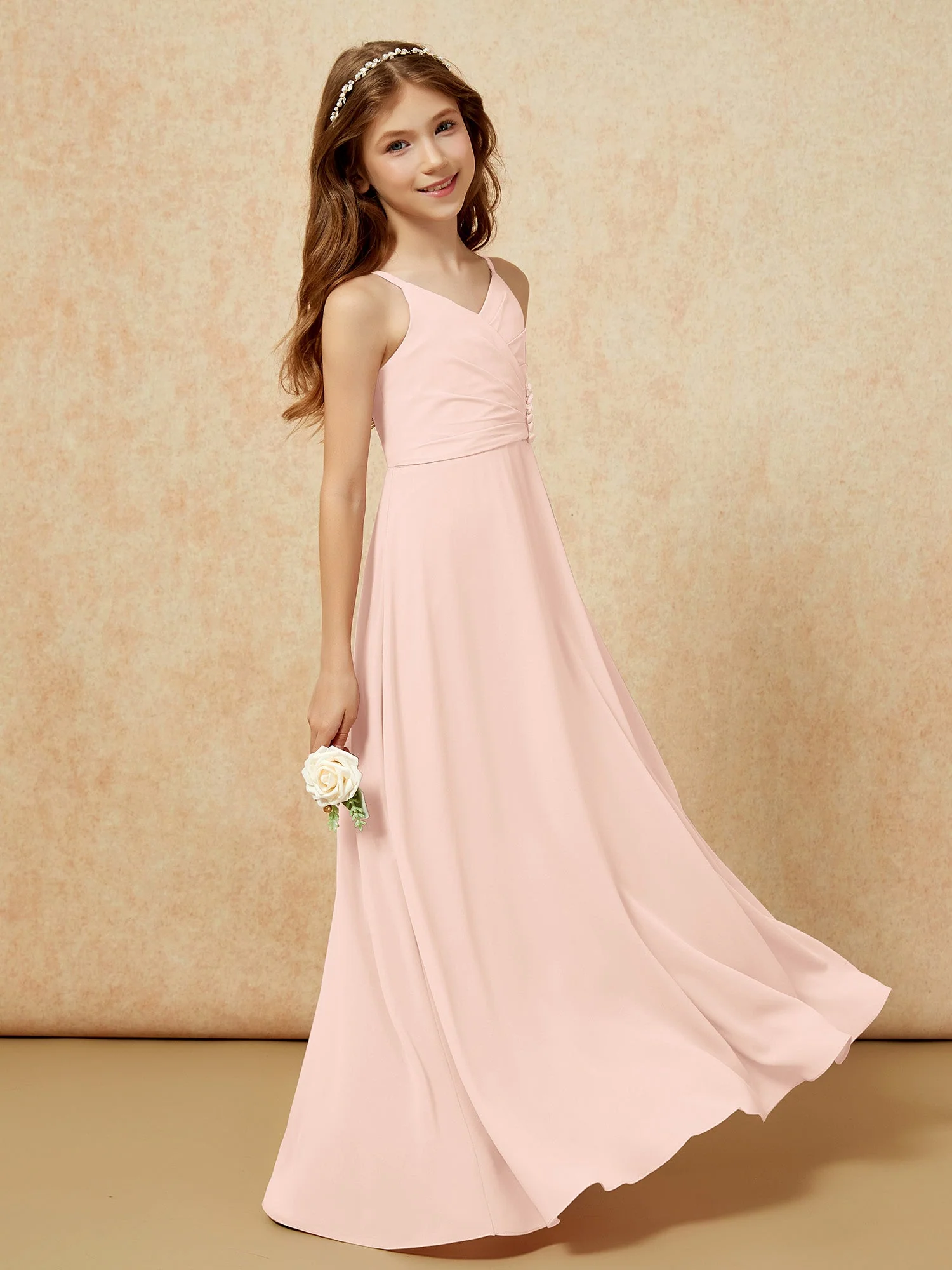 V-Ausschnitt Plissee Chiffon Lang Junge Brautjungfernkleider Perlrosa - Image 3