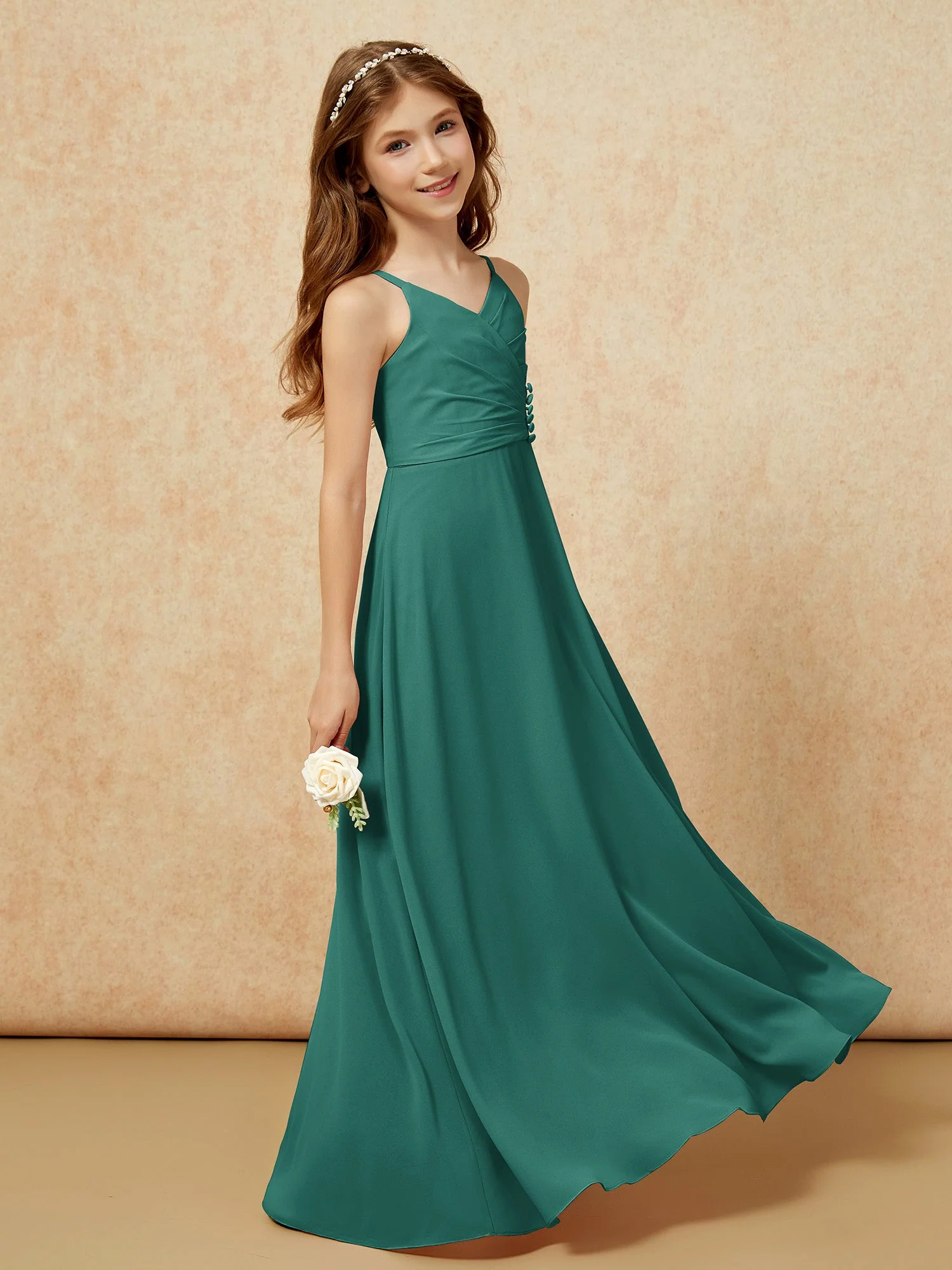 V-Ausschnitt Plissee Chiffon Lang Junge Brautjungfernkleider Pfau - Image 3
