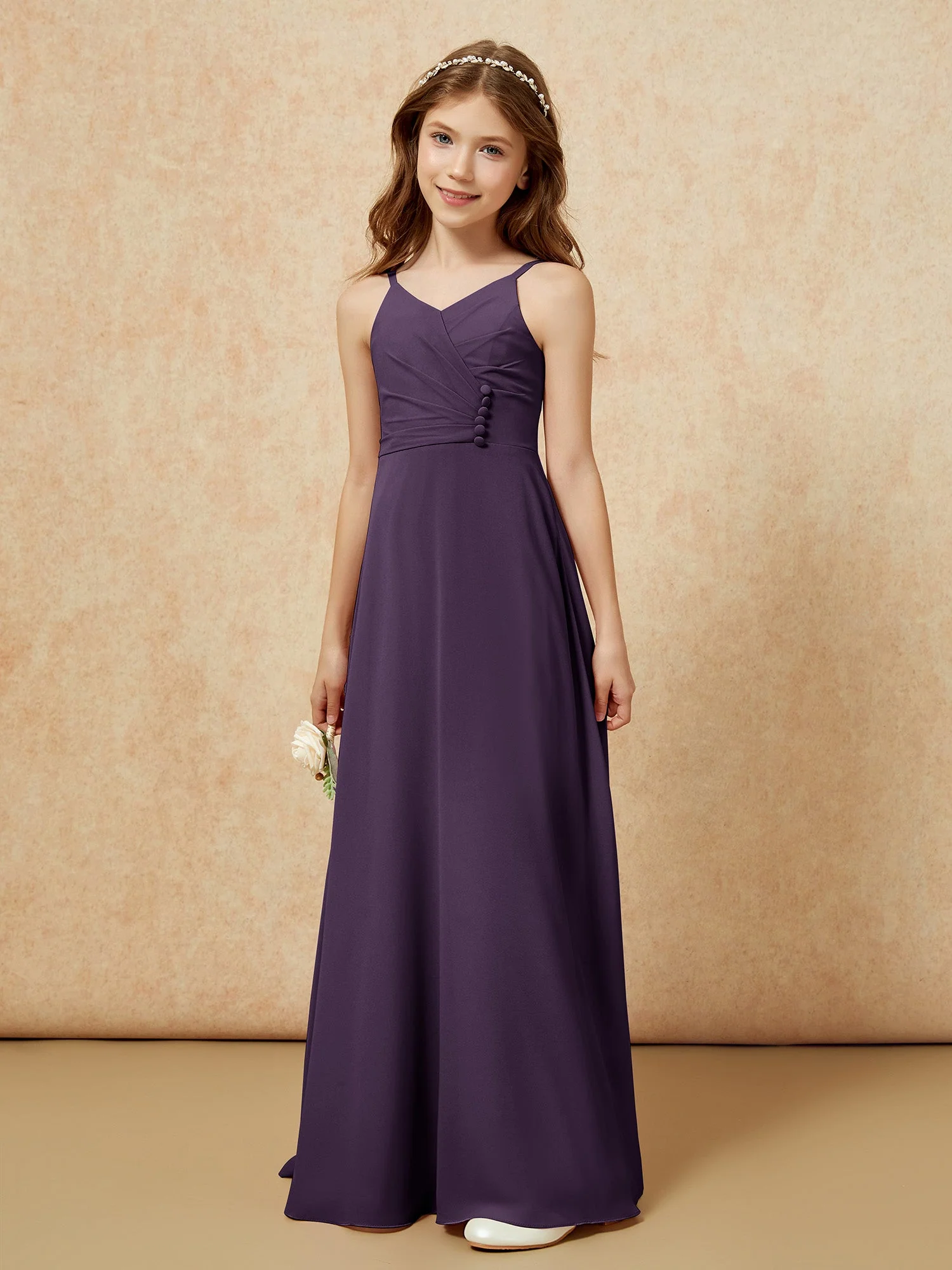 V-Ausschnitt Plissee Chiffon Lang Junge Brautjungfernkleider Plum
