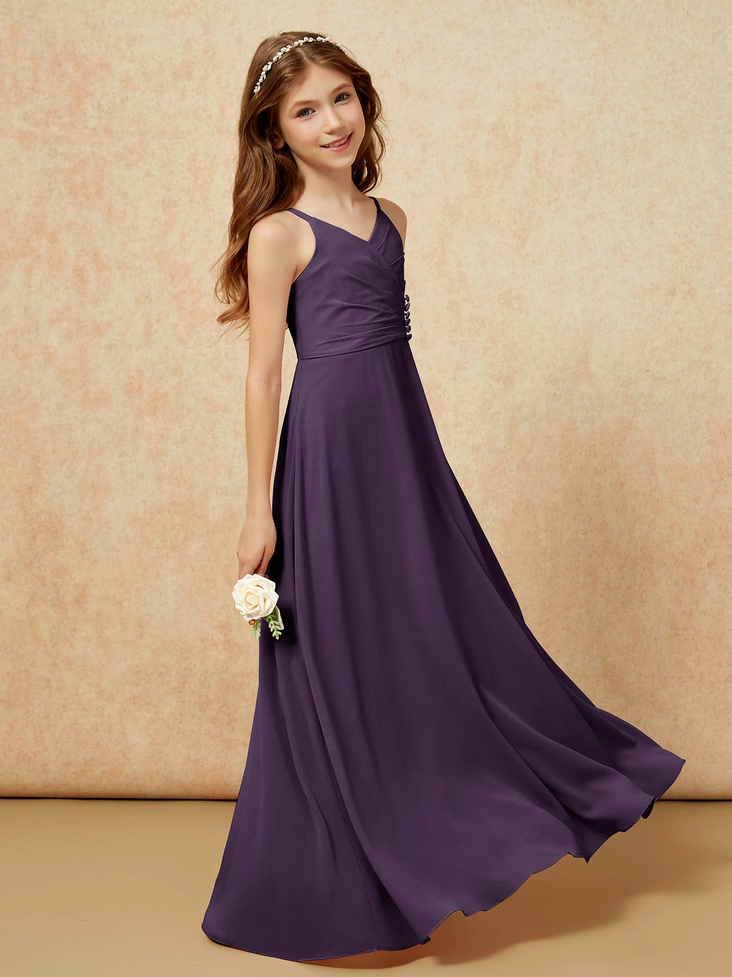 V-Ausschnitt Plissee Chiffon Lang Junge Brautjungfernkleider Plum - Image 3