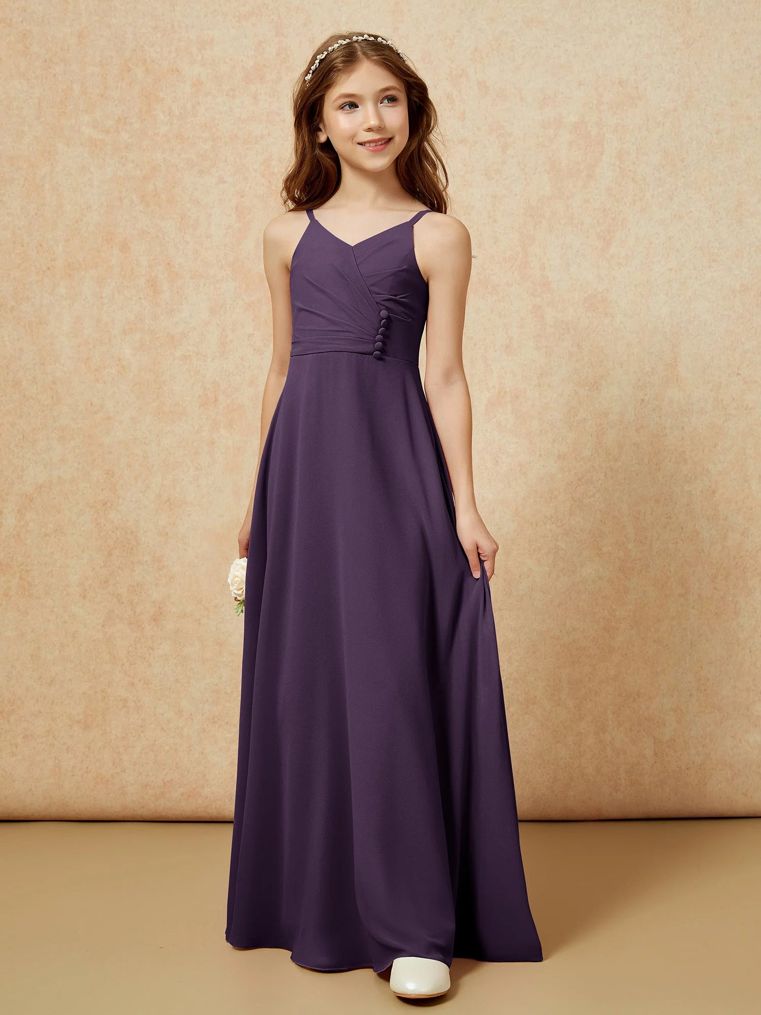 V-Ausschnitt Plissee Chiffon Lang Junge Brautjungfernkleider Plum - Image 5