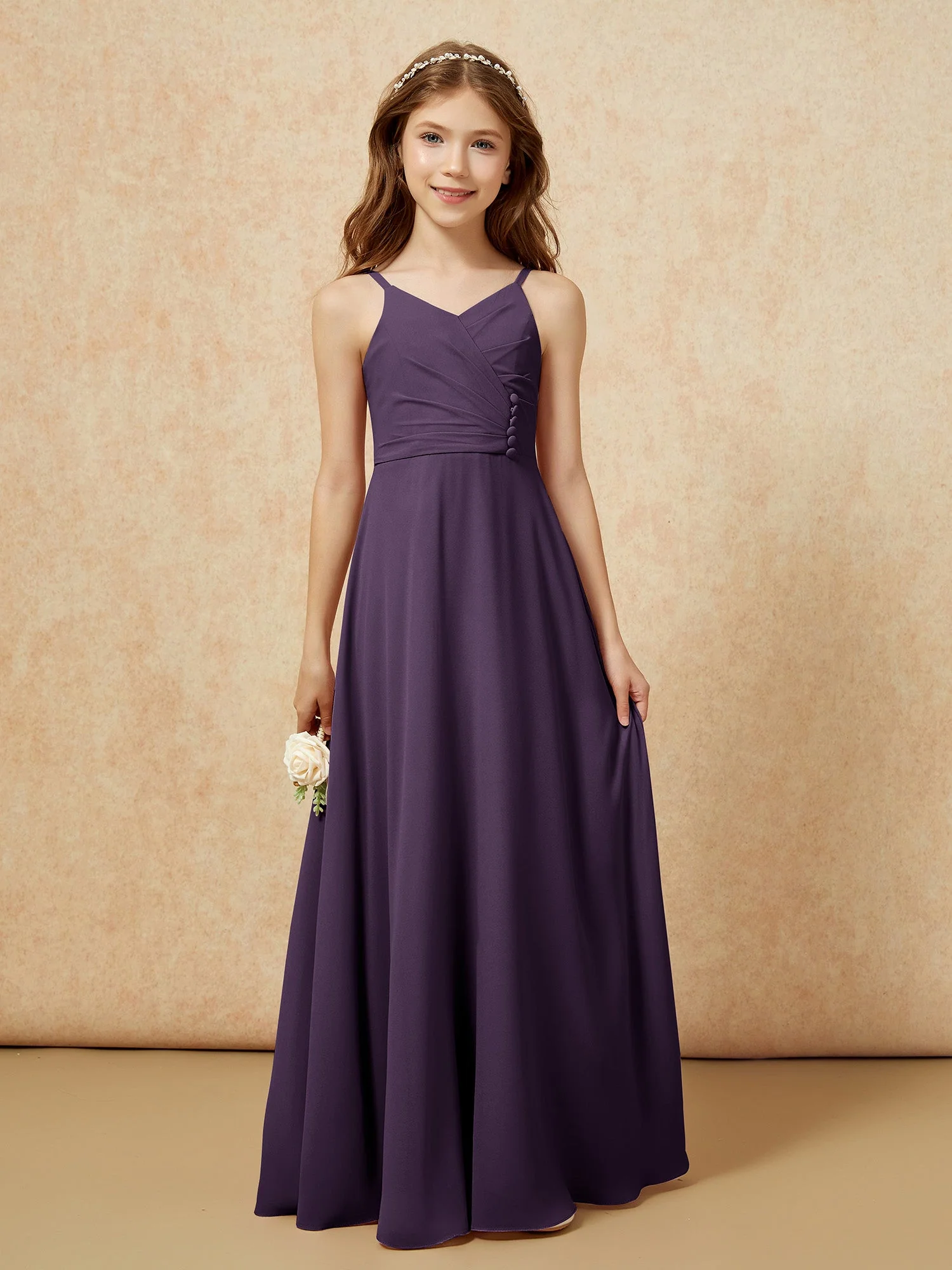 V-Ausschnitt Plissee Chiffon Lang Junge Brautjungfernkleider Plum - Image 6
