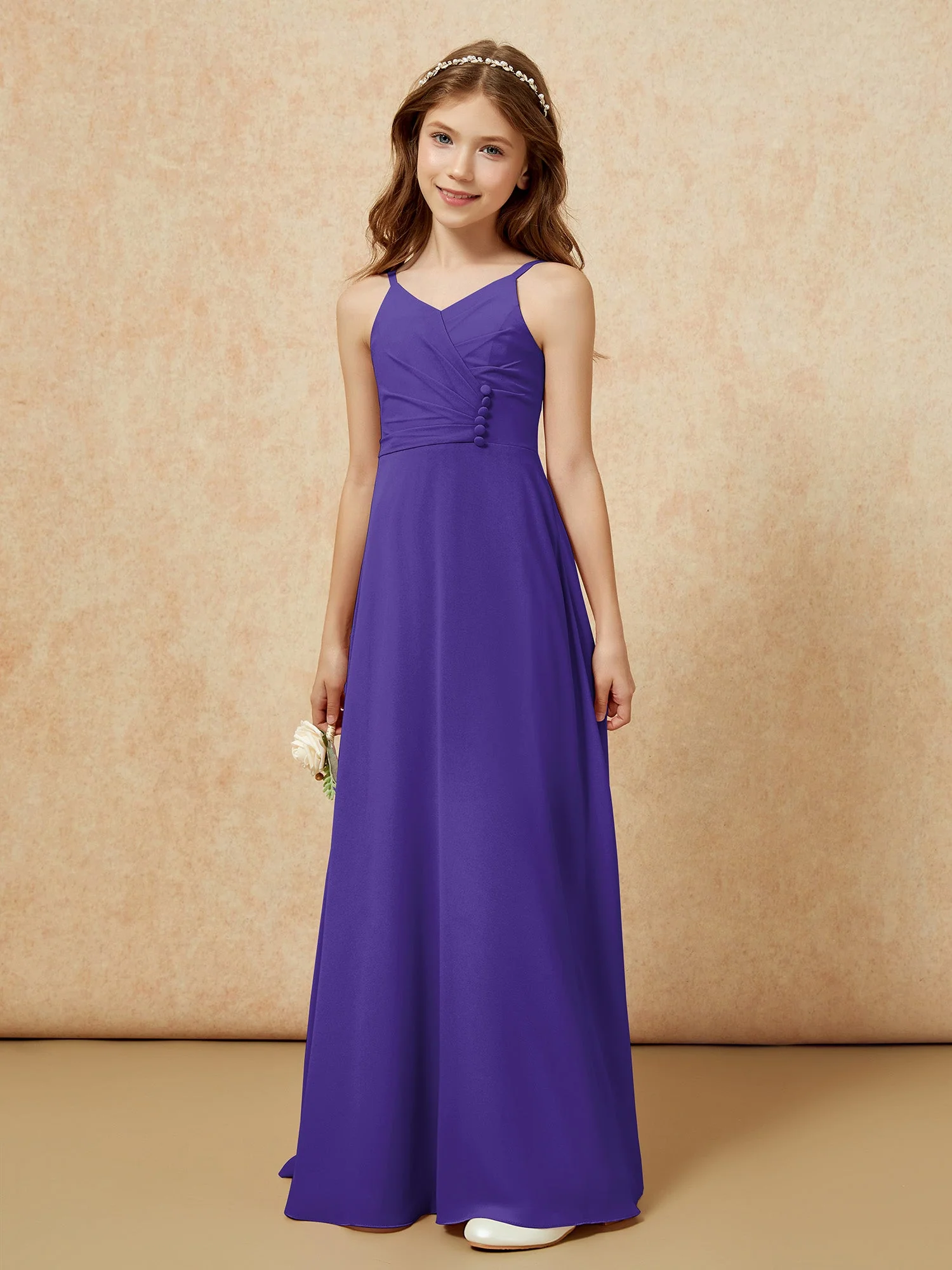 V-Ausschnitt Plissee Chiffon Lang Junge Brautjungfernkleider Regentschaft