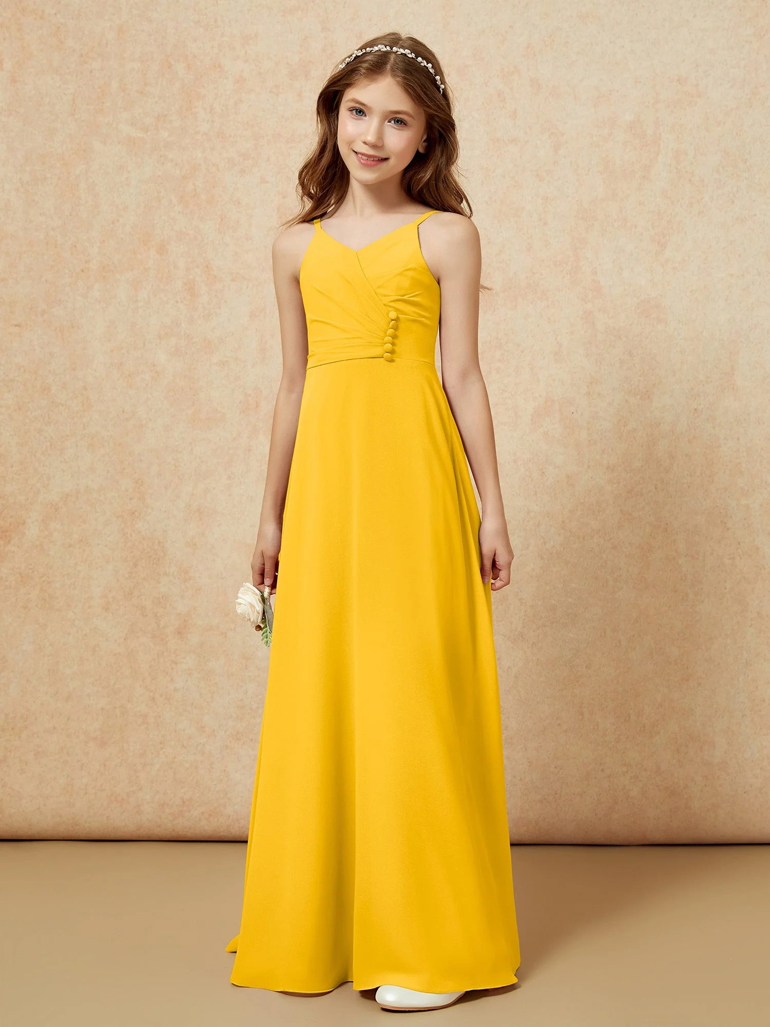 V-Ausschnitt Plissee Chiffon Lang Junge Brautjungfernkleider Ringelblume