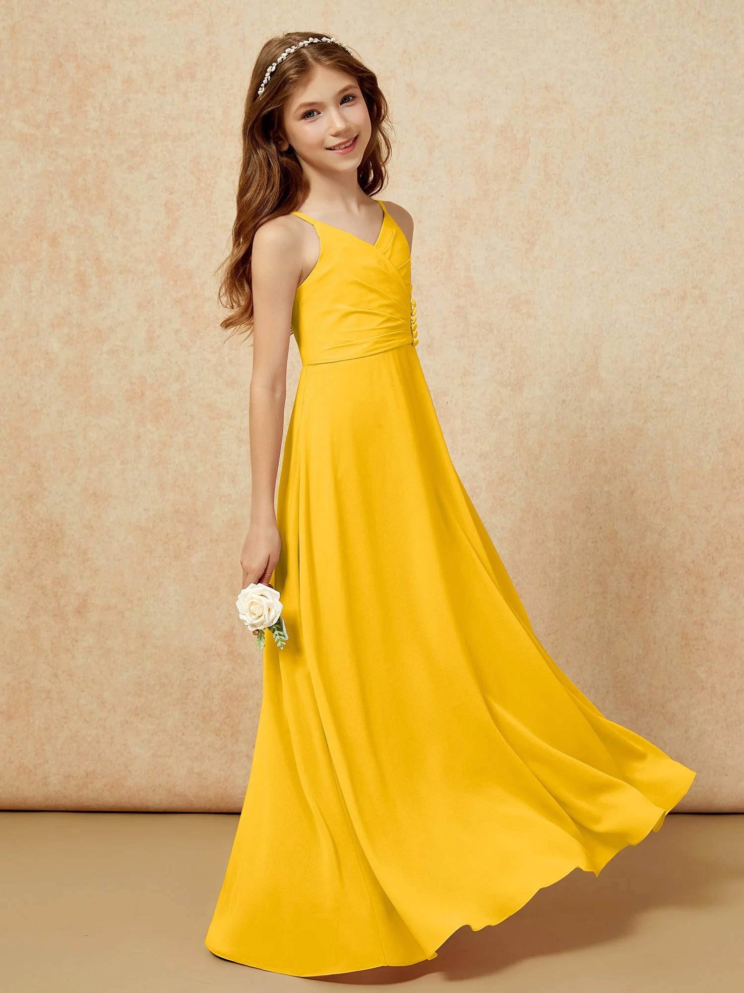 V-Ausschnitt Plissee Chiffon Lang Junge Brautjungfernkleider Ringelblume - Image 3