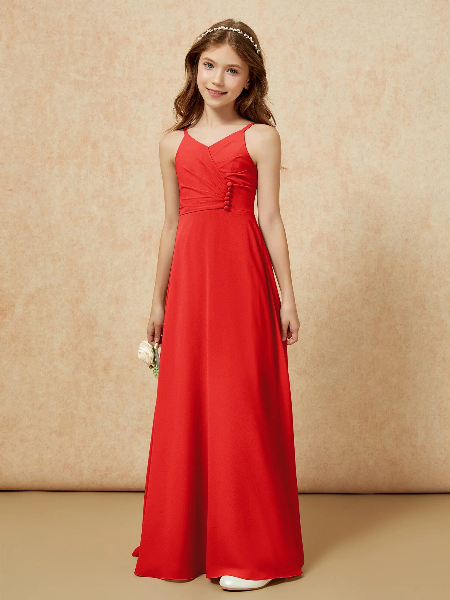 V-Ausschnitt Plissee Chiffon Lang Junge Brautjungfernkleider Rot
