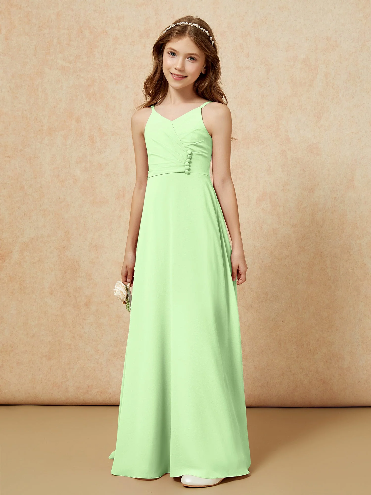 V-Ausschnitt Plissee Chiffon Lang Junge Brautjungfernkleider Salbei