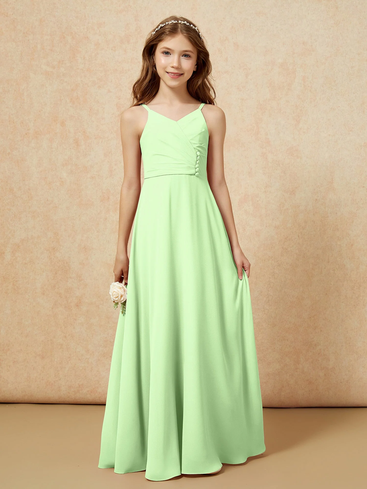 V-Ausschnitt Plissee Chiffon Lang Junge Brautjungfernkleider Salbei - Image 6