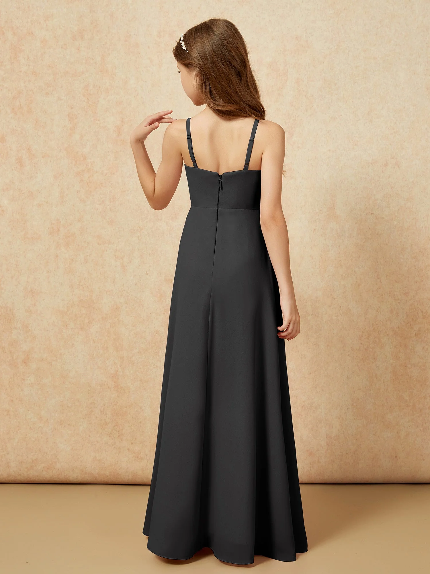 V-Ausschnitt Plissee Chiffon Lang Junge Brautjungfernkleider Schwarz - Image 2