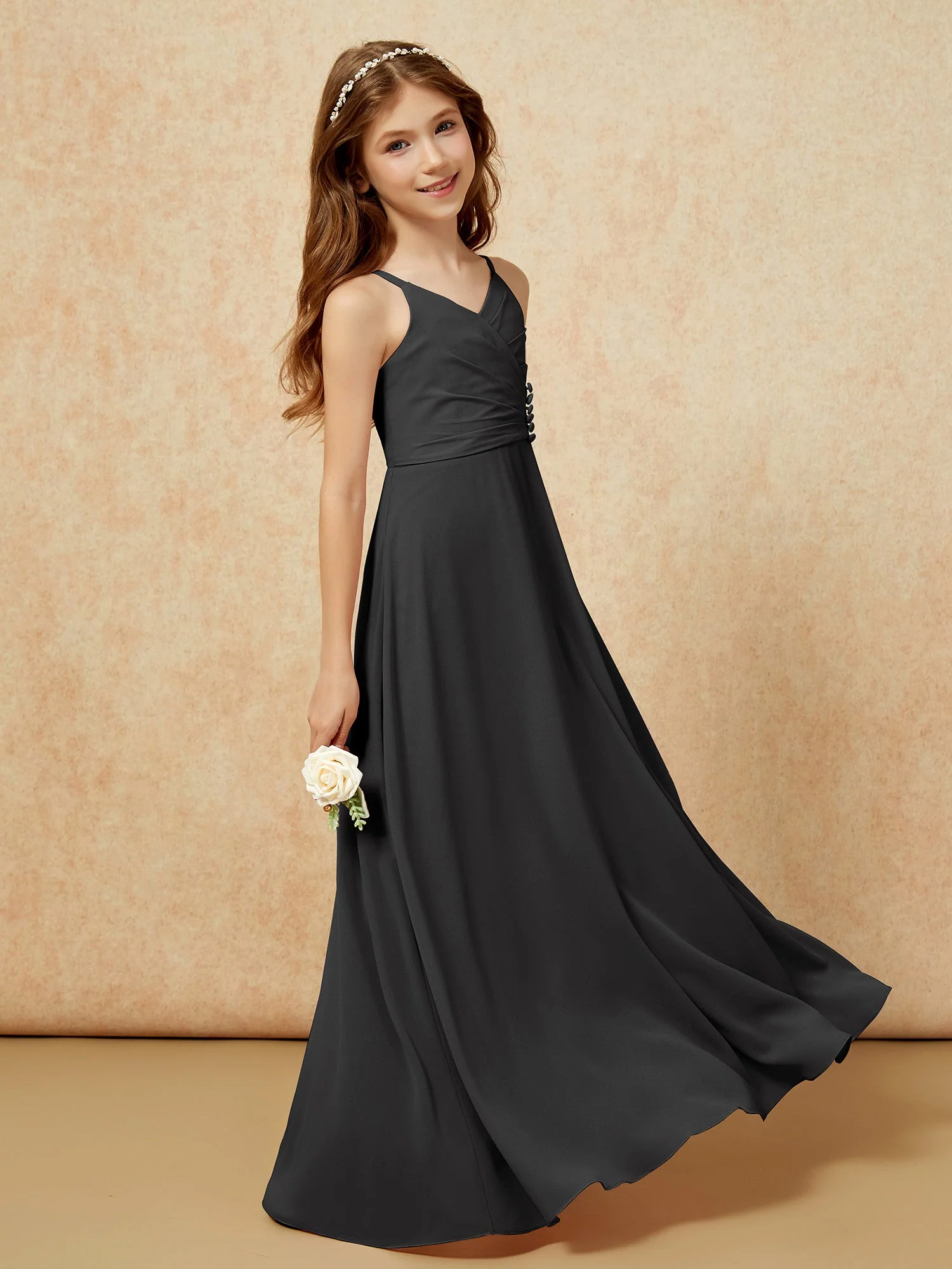 V-Ausschnitt Plissee Chiffon Lang Junge Brautjungfernkleider Schwarz - Image 3