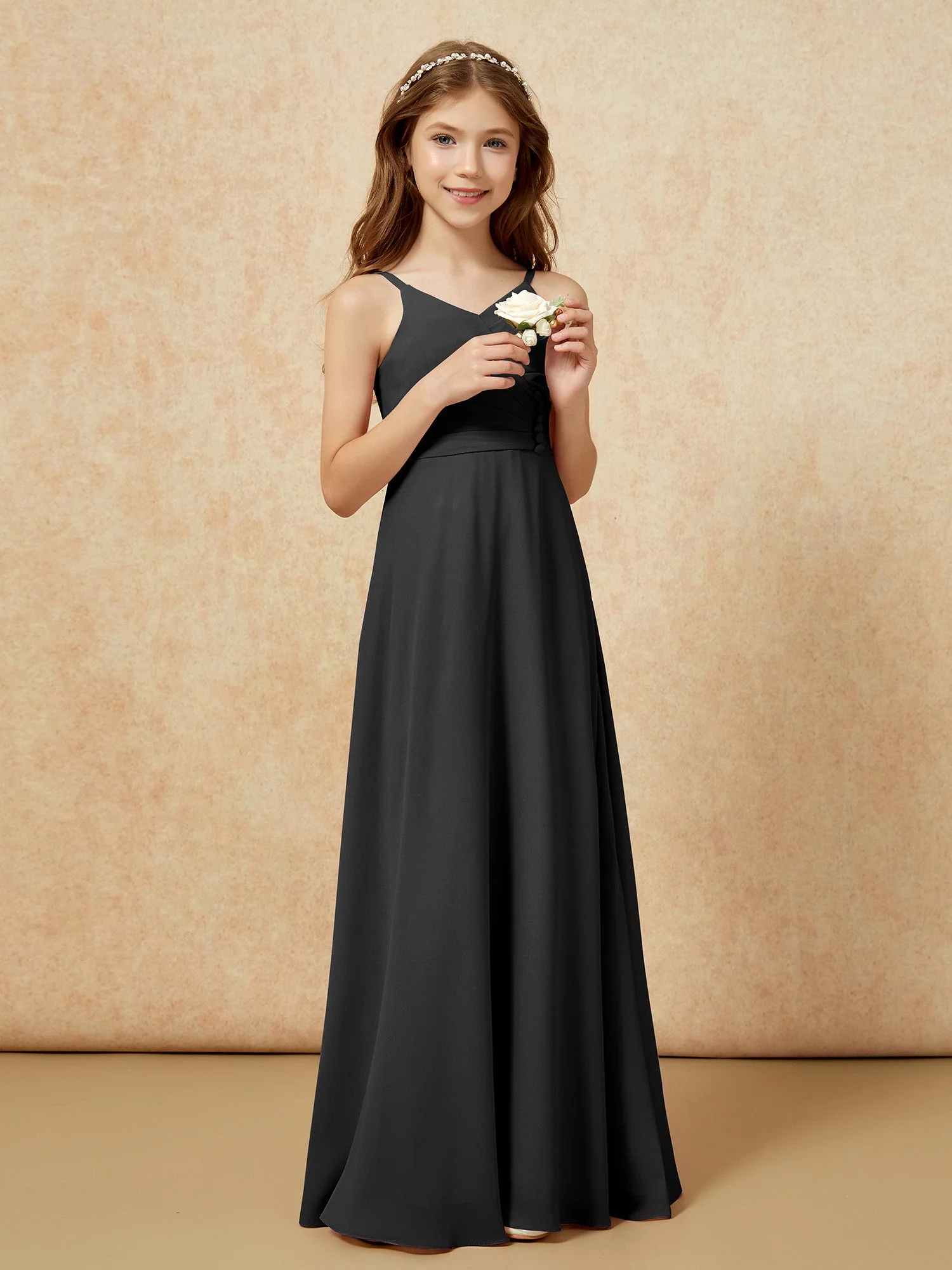 V-Ausschnitt Plissee Chiffon Lang Junge Brautjungfernkleider Schwarz - Image 4
