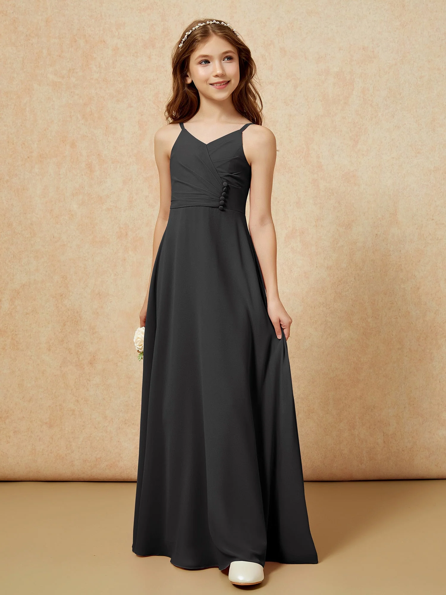 V-Ausschnitt Plissee Chiffon Lang Junge Brautjungfernkleider Schwarz - Image 5
