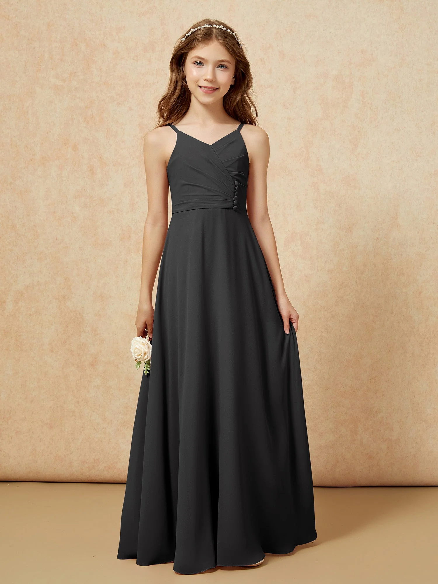V-Ausschnitt Plissee Chiffon Lang Junge Brautjungfernkleider Schwarz - Image 6