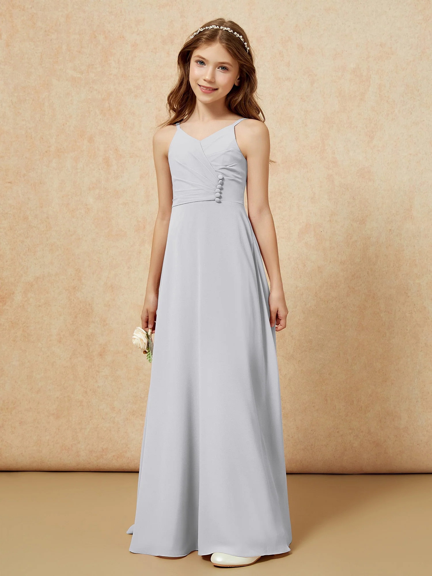 V-Ausschnitt Plissee Chiffon Lang Junge Brautjungfernkleider Silber