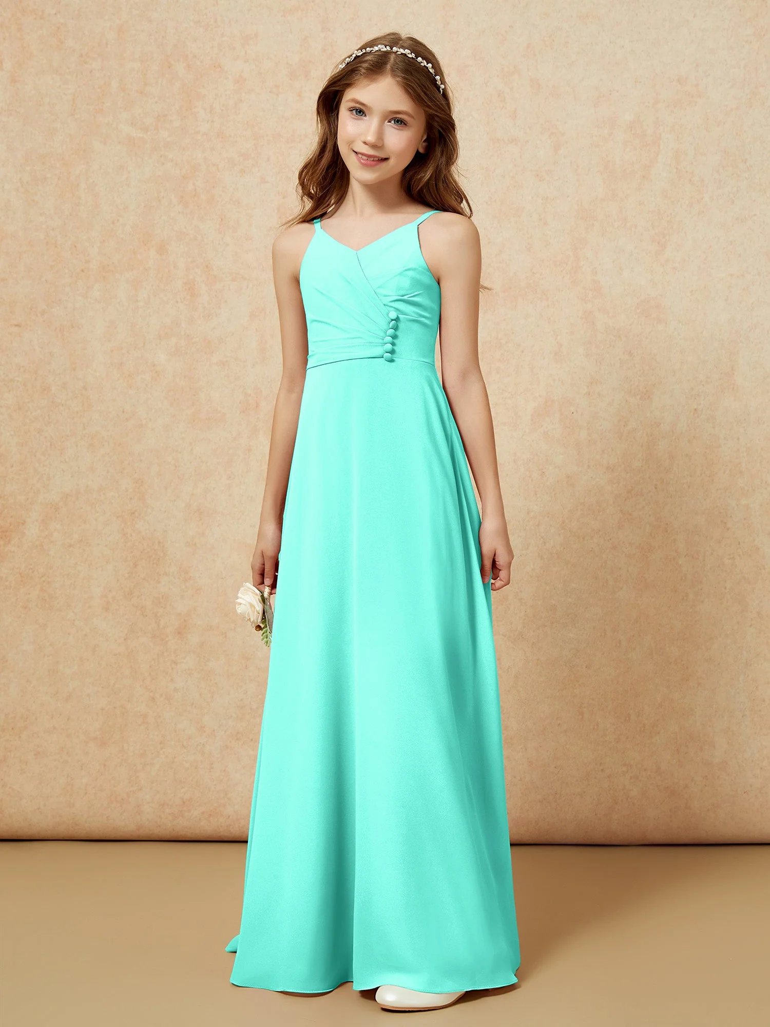 V-Ausschnitt Plissee Chiffon Lang Junge Brautjungfernkleider Spa
