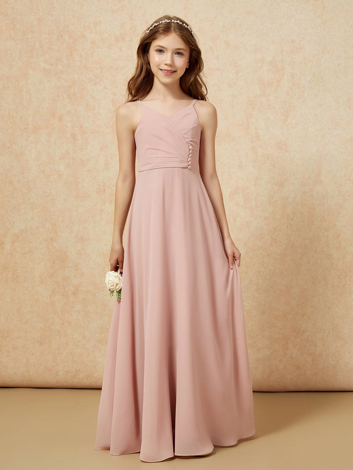 V-Ausschnitt Plissee Chiffon Lang Junge Brautjungfernkleider Staubige Rosa - Image 6