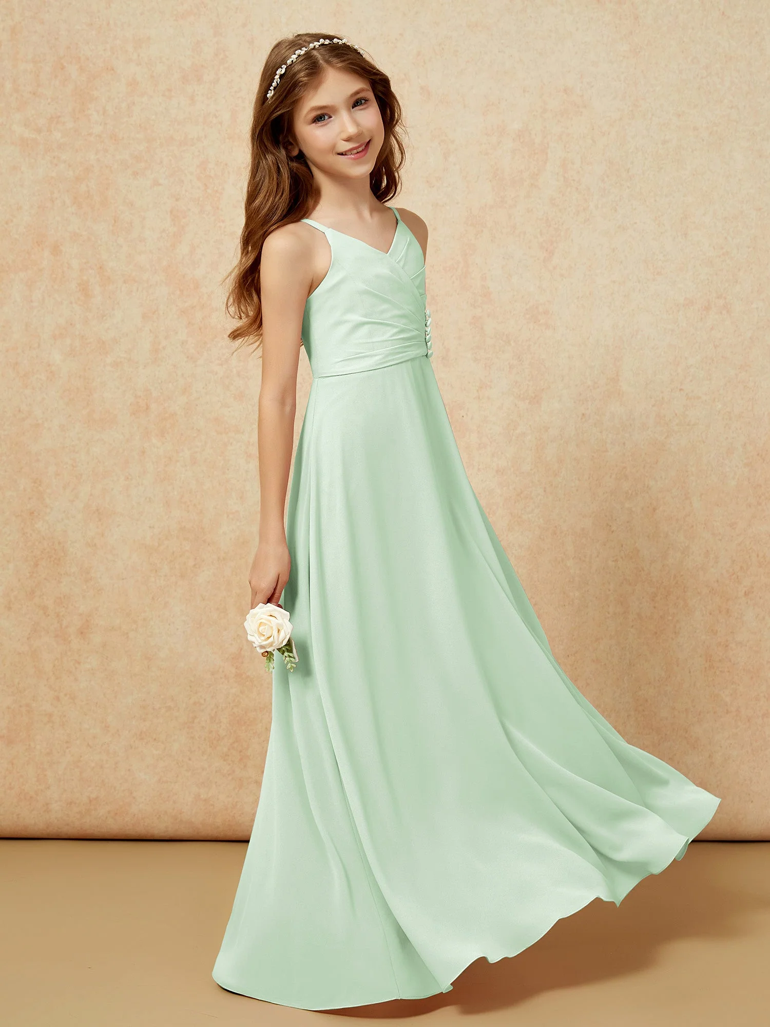 V-Ausschnitt Plissee Chiffon Lang Junge Brautjungfernkleider Staubiges Salbei - Image 3