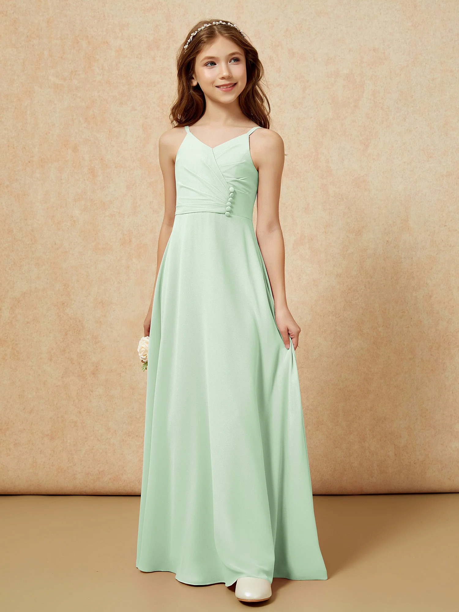 V-Ausschnitt Plissee Chiffon Lang Junge Brautjungfernkleider Staubiges Salbei - Image 5