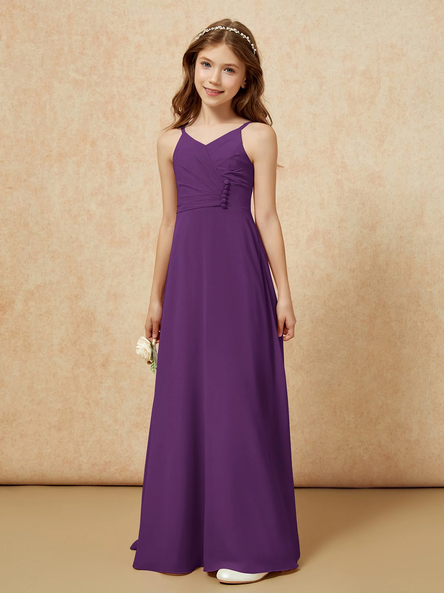 V-Ausschnitt Plissee Chiffon Lang Junge Brautjungfernkleider Traube