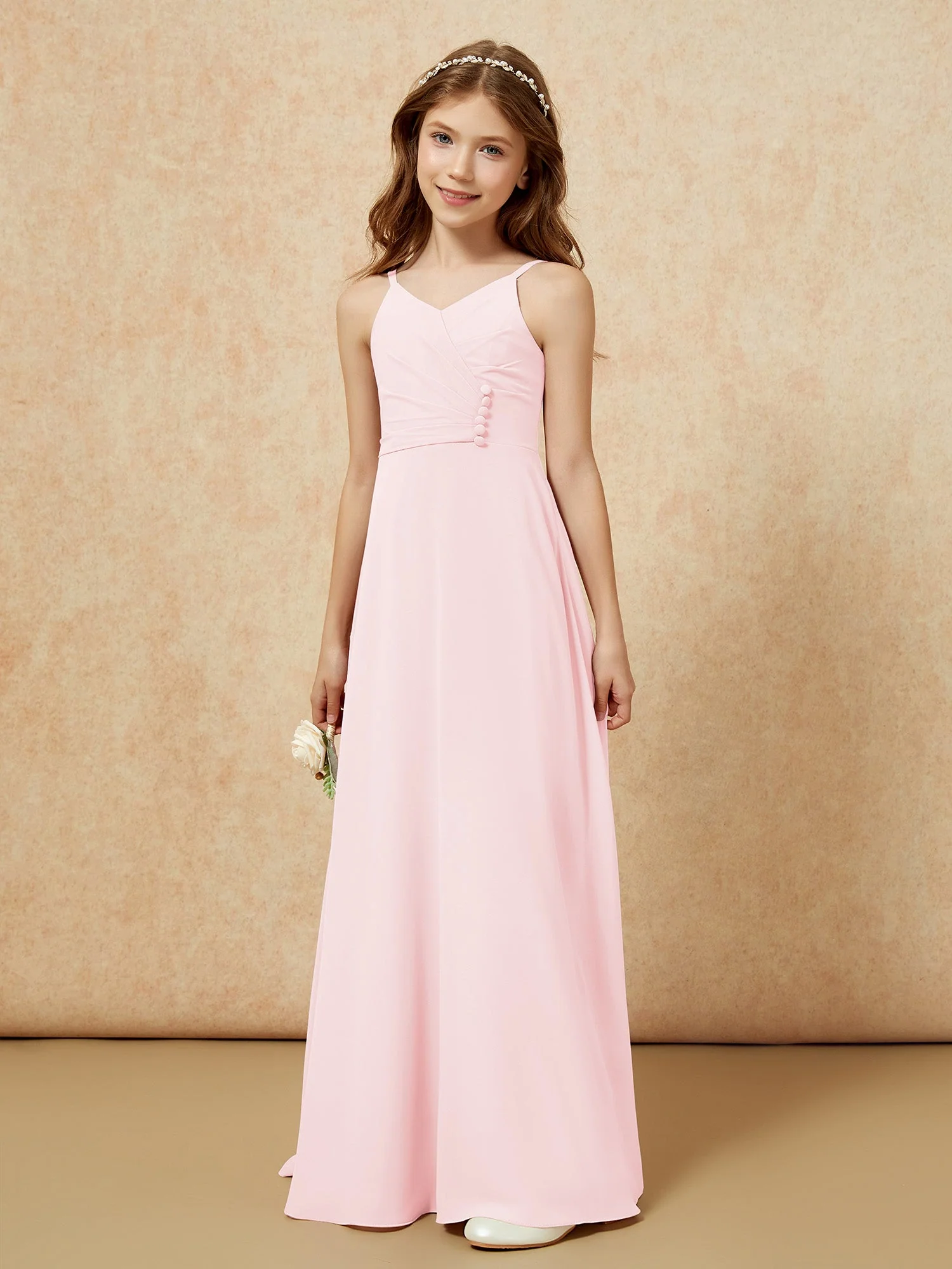 V-Ausschnitt Plissee Chiffon Lang Junge Brautjungfernkleider Zartrosa