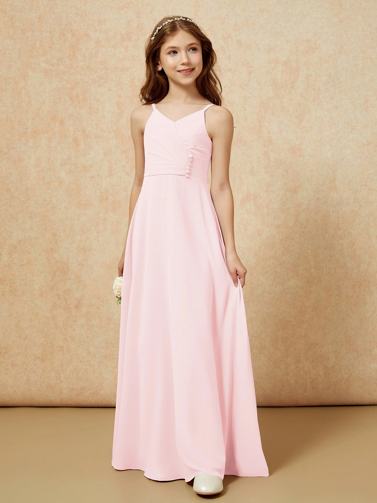 V-Ausschnitt Plissee Chiffon Lang Junge Brautjungfernkleider Zartrosa - Image 5