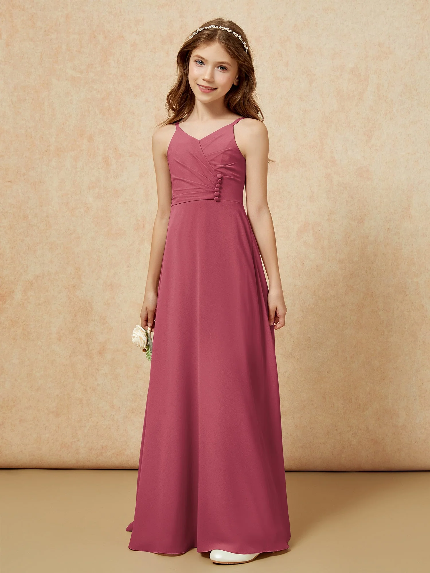 V-Ausschnitt Plissee Chiffon Lang Junge Brautjungfernkleider Zimtrose