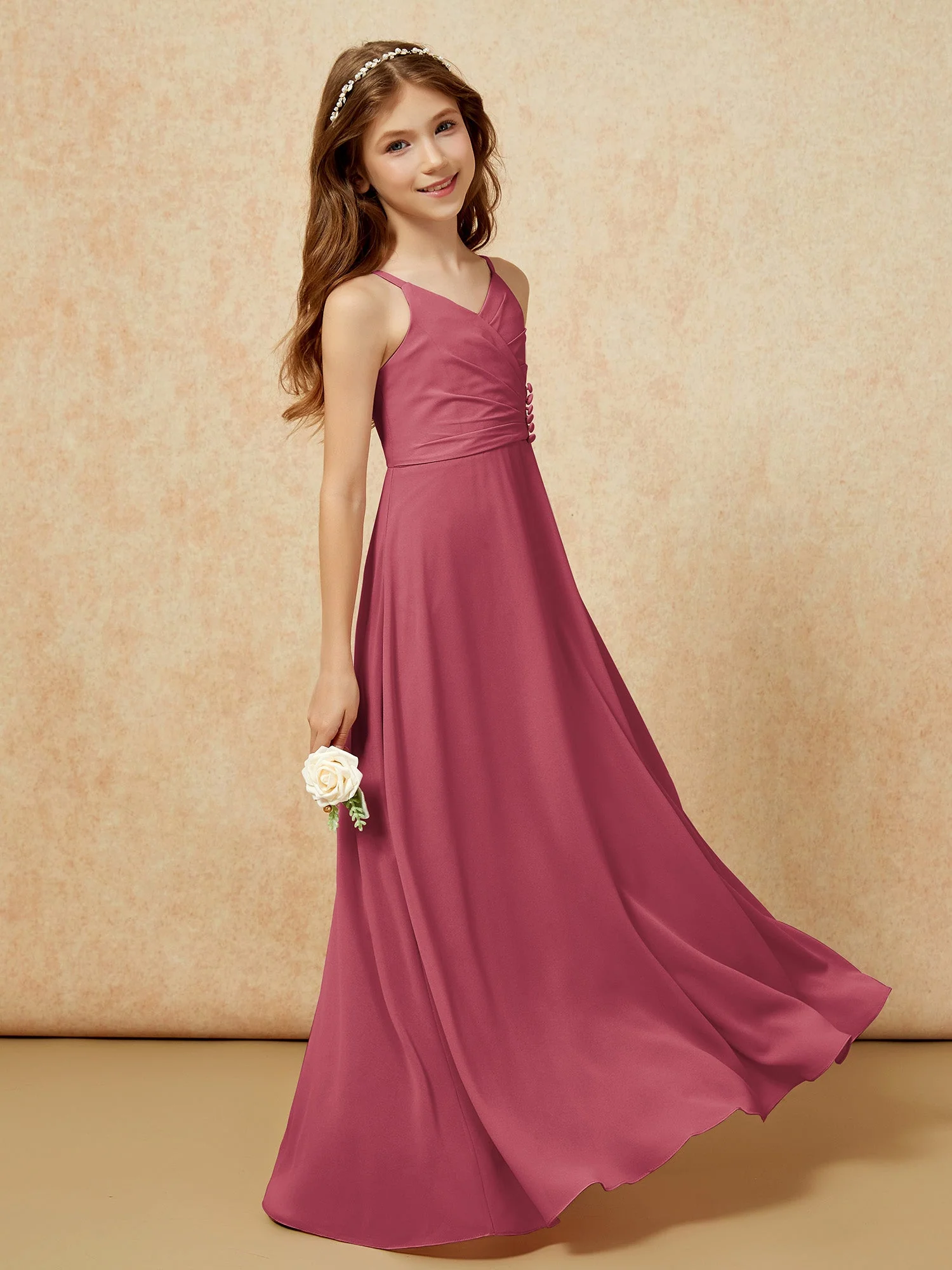V-Ausschnitt Plissee Chiffon Lang Junge Brautjungfernkleider Zimtrose - Image 3