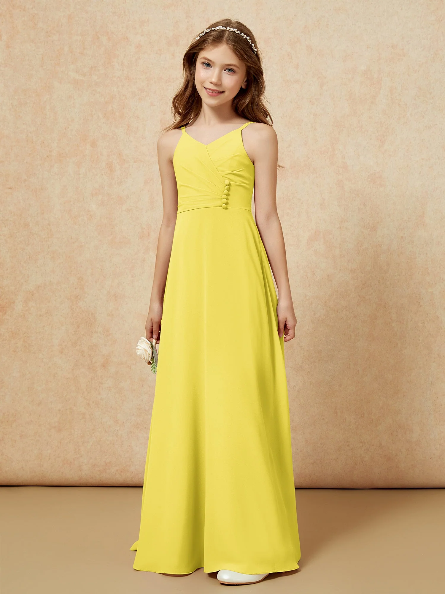 V-Ausschnitt Plissee Chiffon Lang Junge Brautjungfernkleider Zitrone
