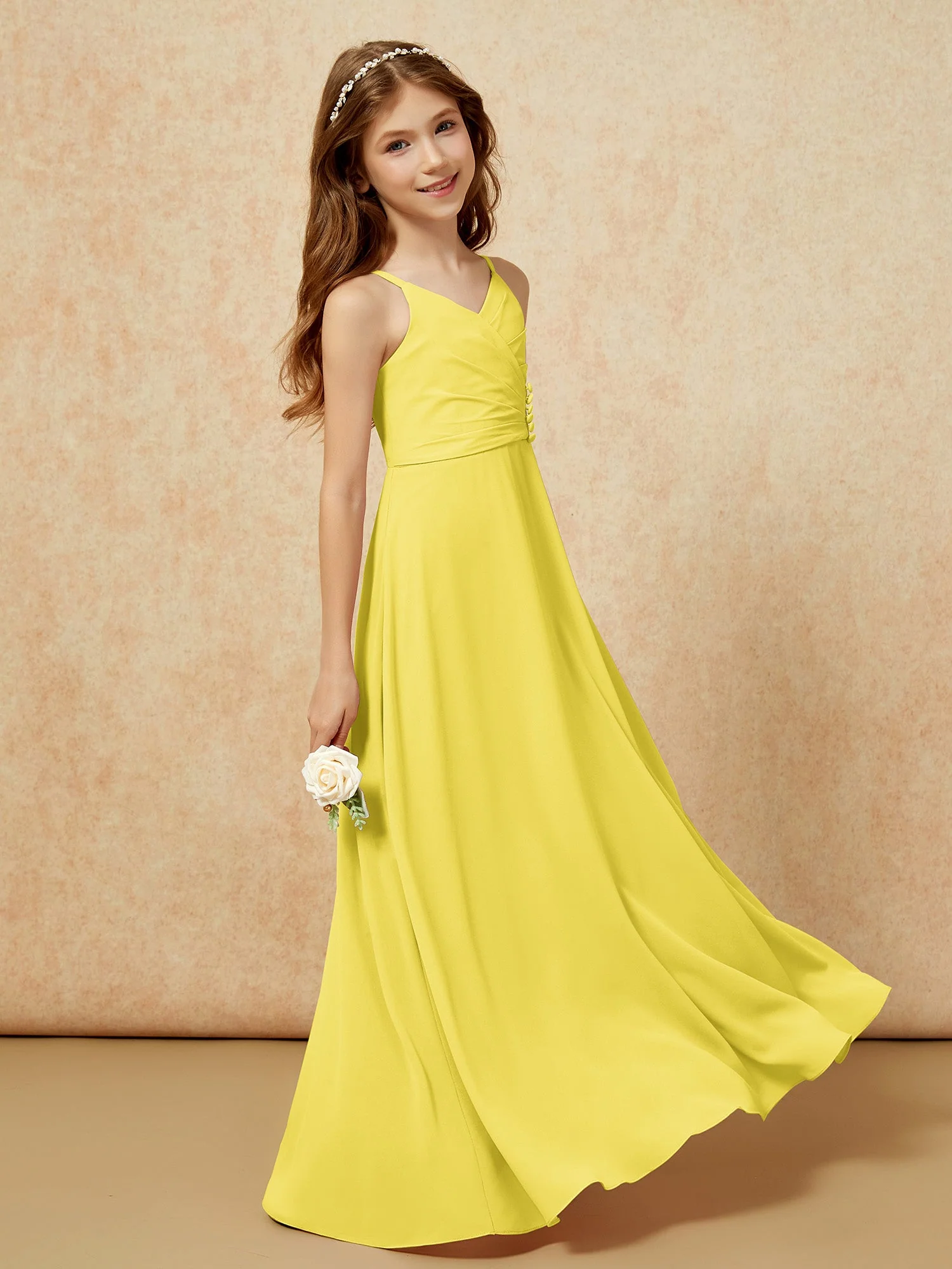 V-Ausschnitt Plissee Chiffon Lang Junge Brautjungfernkleider Zitrone - Image 3
