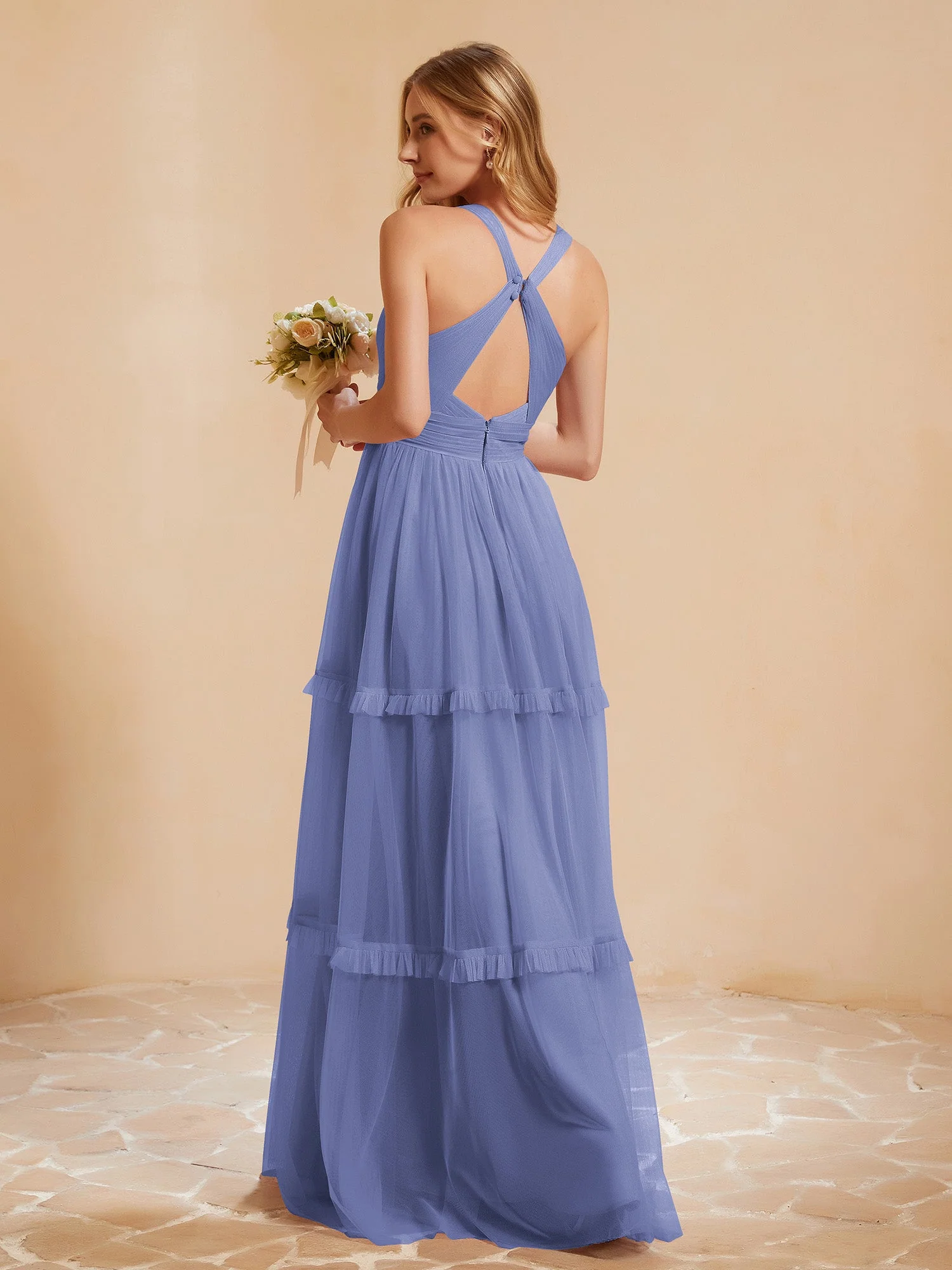 V-Ausschnitt Plissee Rüschen Bodenlang Tüll Kleid Periwinkleblau - Image 2